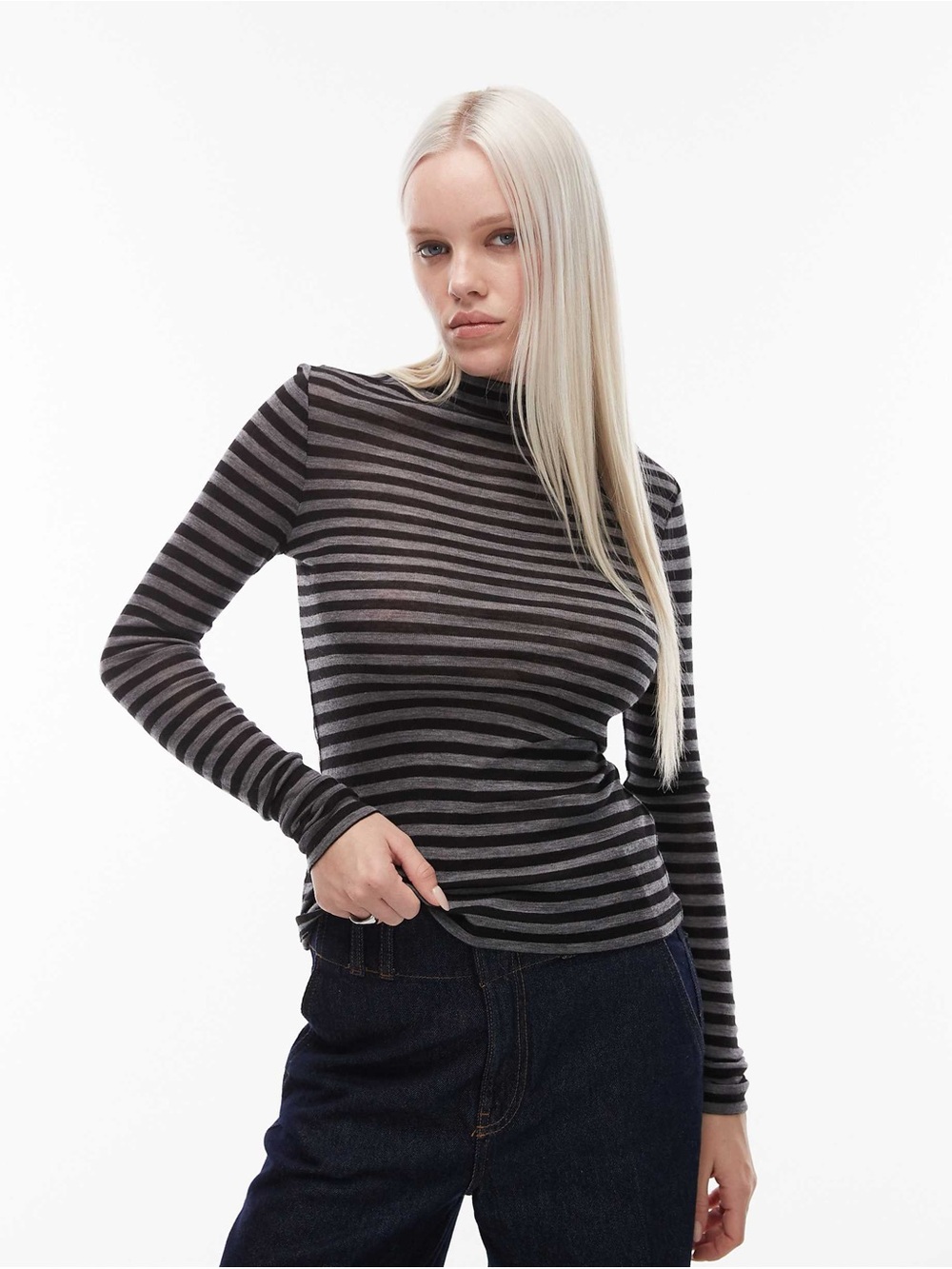 & Other Stories jersey second skin long sleeve top in gray stripes